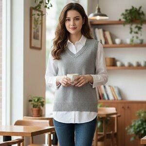 Elegant Women's Gray V-Neck Sweater Vest